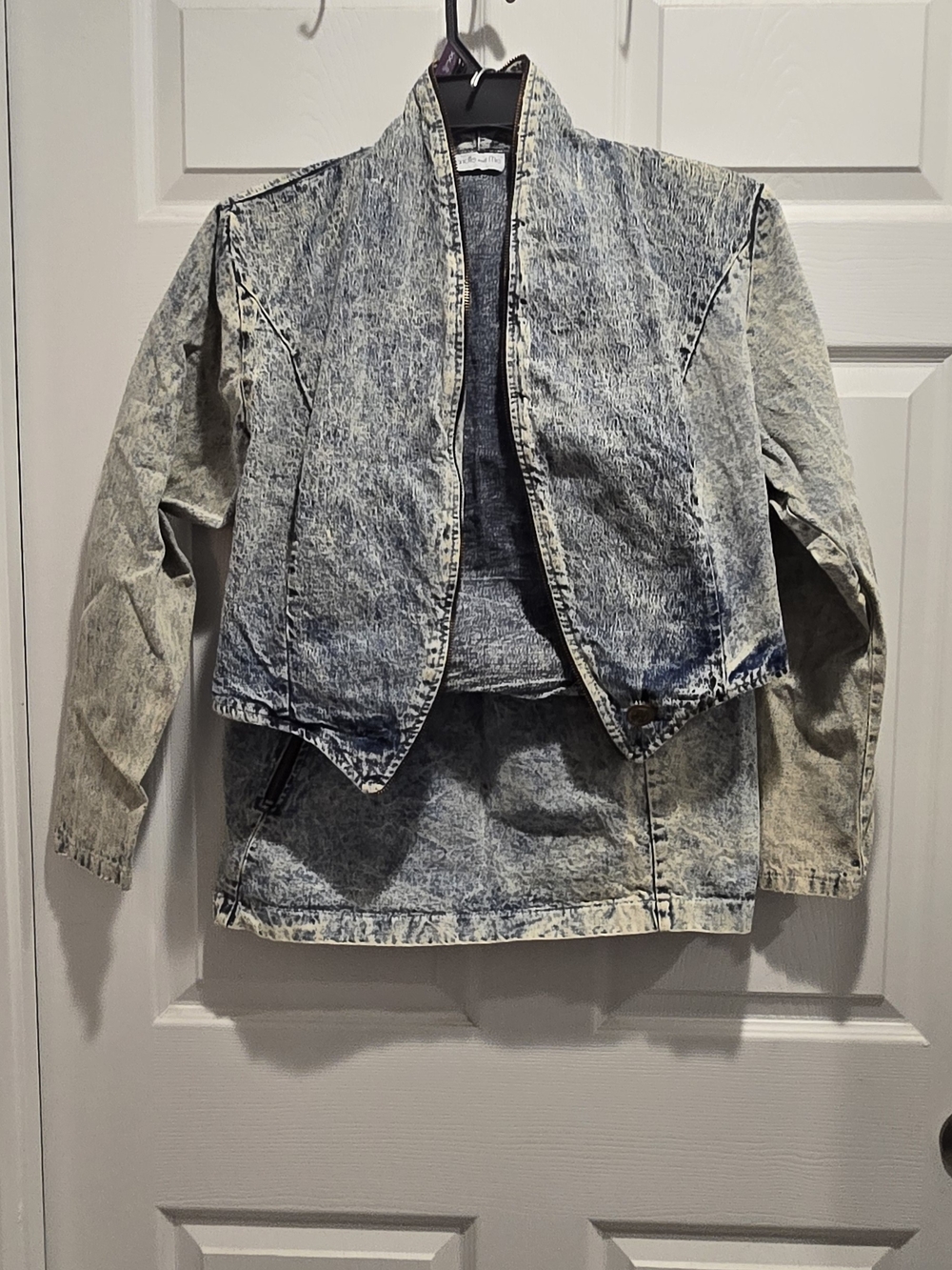 Vtg 80s Blondie & Me Acid Wash Denim 2pc Skirt Set Asymmetrical Zip Distressed X